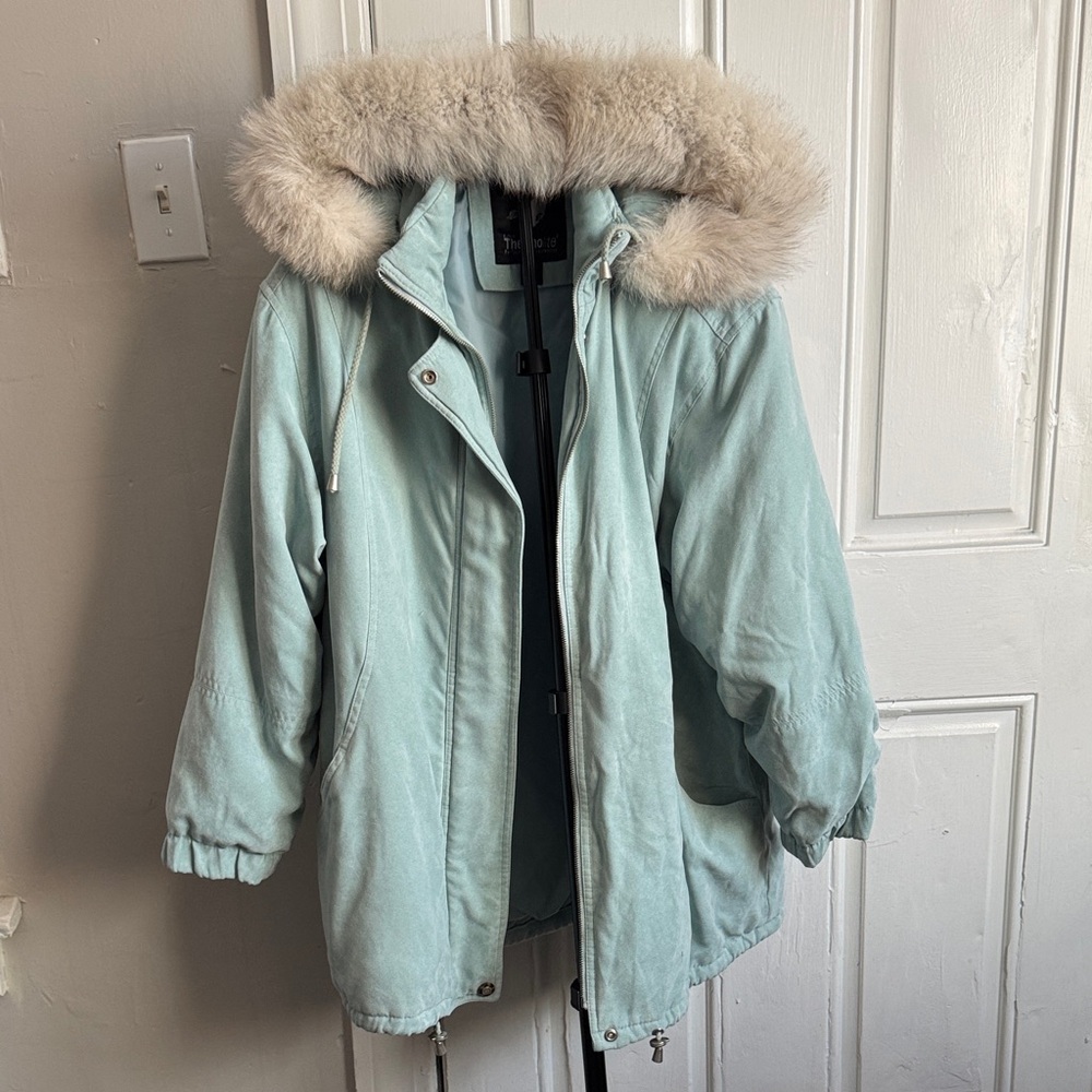 Fox Fur Hood Bromley Women's Light Blue coat Petite L